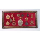 A framed display of fifteen Royal Navy cap badges including 'Strike Hawke', 'Steady Hood', 'Mine