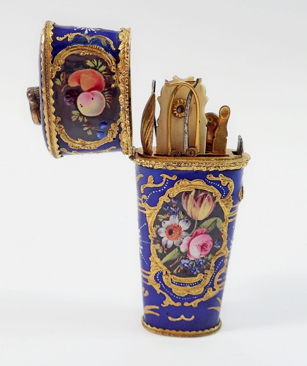 An 18th century South Staffordshire enamel etui circa 1760 to 1770 of tapered form with gilt metal