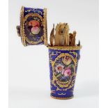 An 18th century South Staffordshire enamel etui circa 1760 to 1770 of tapered form with gilt metal