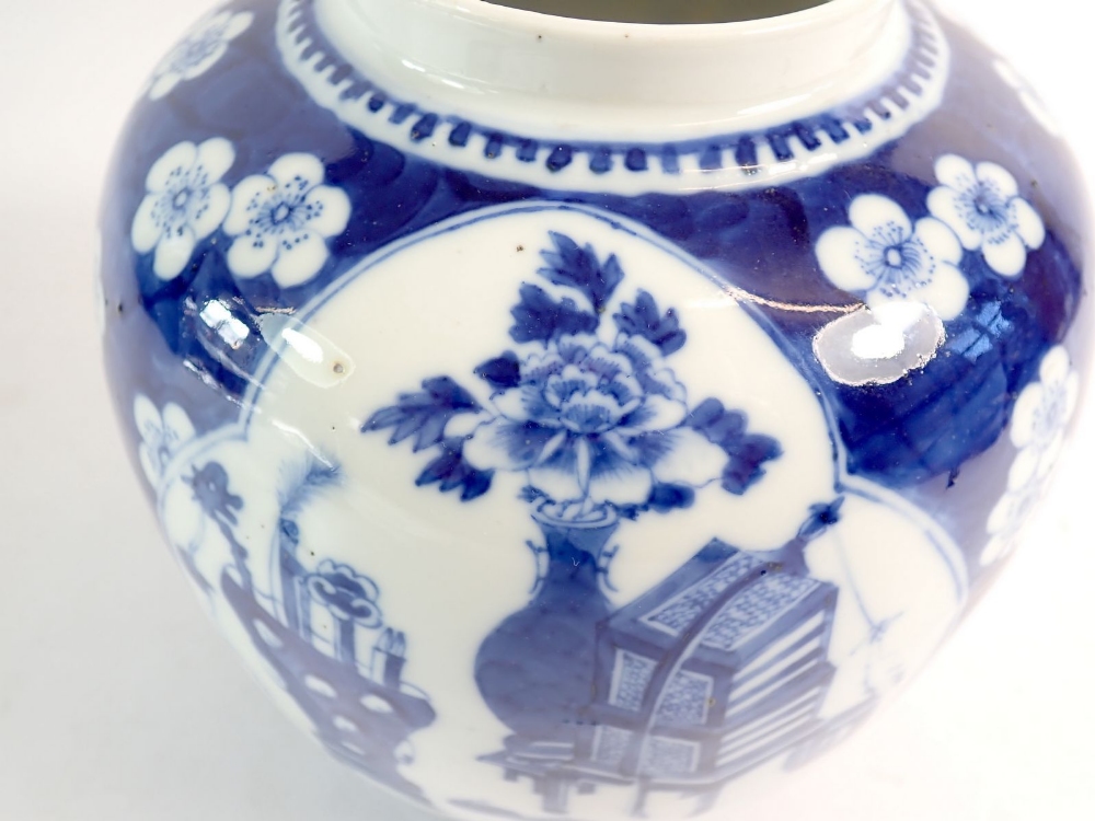 A late Qing Dynasty Chinese blue and white ginger jar with prusnus blossom and panelled - Image 3 of 5