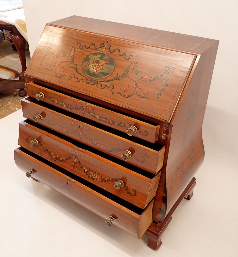 A fine Edwardian Sheraton revival bureau of bombe form with all over floral painted decoration and - Image 6 of 8