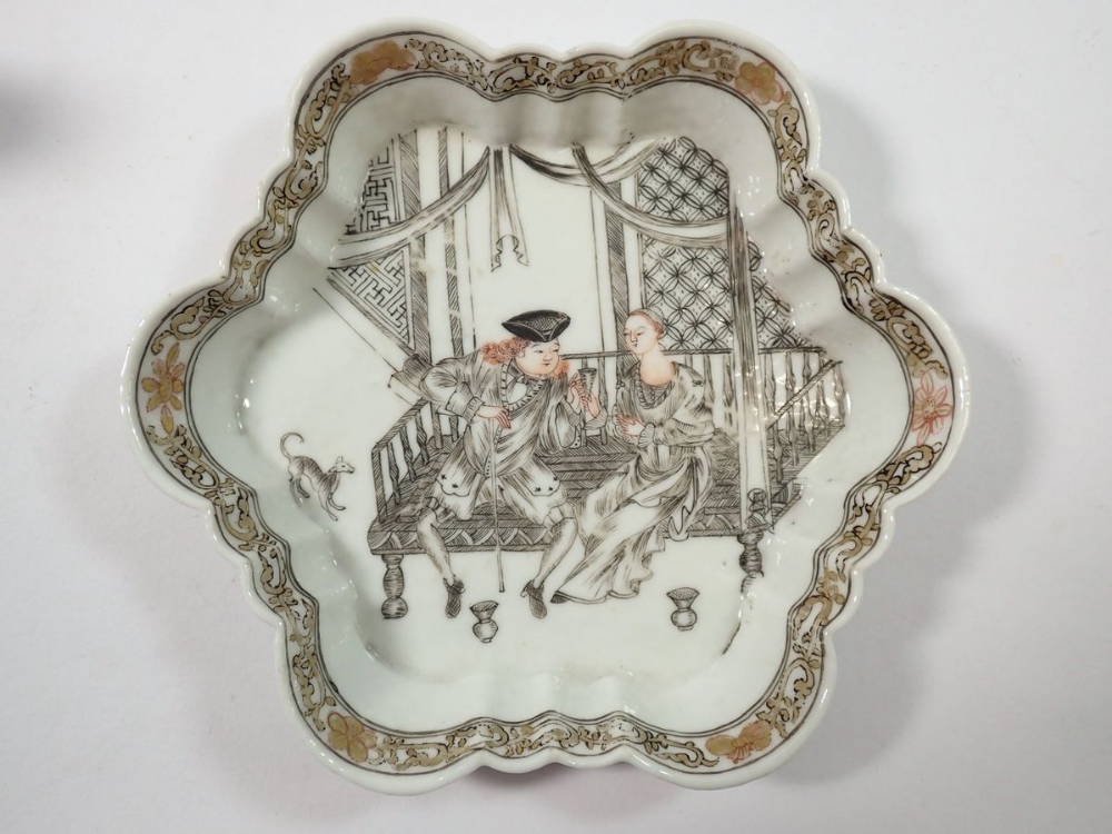 An 18th century Chinese porcelain export Jesuit teapot and stand, painted seated figures on a - Image 6 of 6