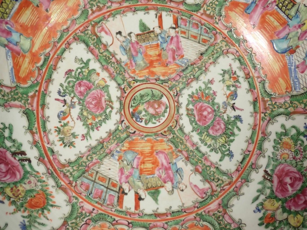 A Chinese 19th century large Canton fruit bowl painted panels of flowers and interior scenes, 37.5cm - Image 6 of 7