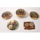 Five Victorian pot lids including Uncle Toby, Dr Johnson and a rectangular painted one with interior