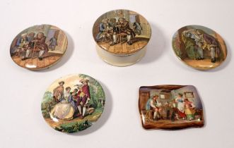 Five Victorian pot lids including Uncle Toby, Dr Johnson and a rectangular painted one with interior