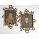 A pair of Victorian photograph portraits on metal in gilt scrollwork frames, 19 x 14cm