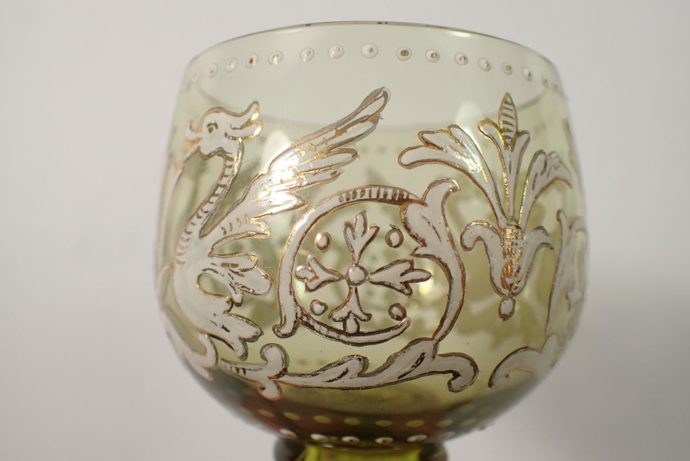 A pair of 19th century Salviati wine glasses with enamelled dragon decoration - signed, 12cm tall - Image 3 of 4