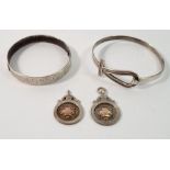 Two silver bangles and two silver medals, 52g