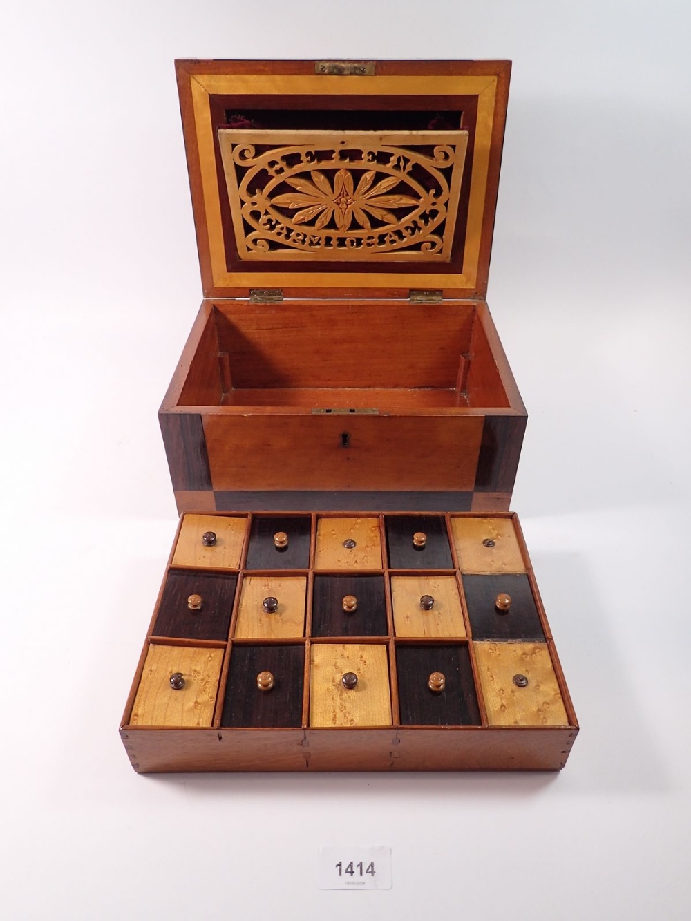 A 19th century satinwood and rosewood jewellery box, the inner lid with carved floral panel and name - Image 3 of 6