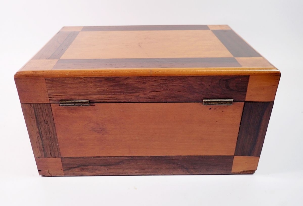 A 19th century satinwood and rosewood jewellery box, the inner lid with carved floral panel and name - Image 5 of 6