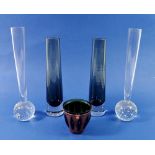 A pair of Swedish style smoked glass vases 21cm tall, two stem vases and a copper cased green posy