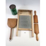 A group of kitchenalia, washboard, butter pats, chopping board