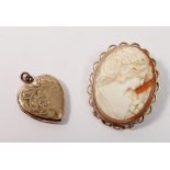 A 9 carat gold front and back heart from locket and a 9 carat gold cameo brooch