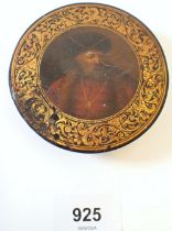 A 19th century paper mache snuff box with continental portrait of a gentleman