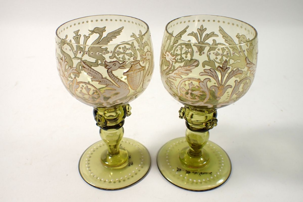 A pair of 19th century Salviati wine glasses with enamelled dragon decoration - signed, 12cm tall - Image 2 of 4