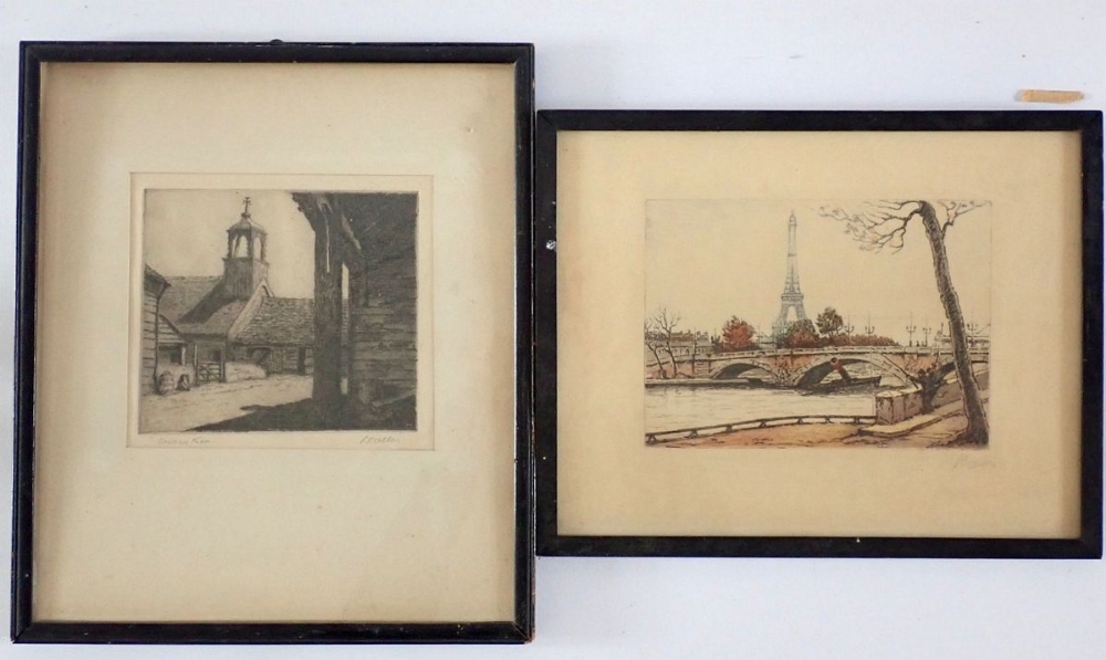 R B Allen - etching of Garston Farm and Bevan etching of Paris Scene with Eiffel Tower. 15 x 20cm