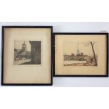 R B Allen - etching of Garston Farm and Bevan etching of Paris Scene with Eiffel Tower. 15 x 20cm