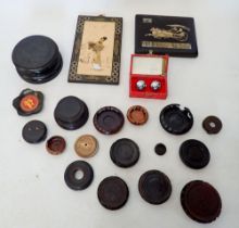 A collection of oriental items including wooden stands, lacquer box with mother of pearl inlay
