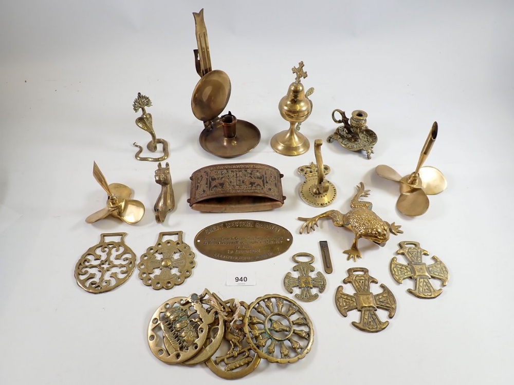 A box of brass items including A German Josti patent Egyptian design blotter, GWR railway plaque,