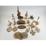 A box of brass items including A German Josti patent Egyptian design blotter, GWR railway plaque,