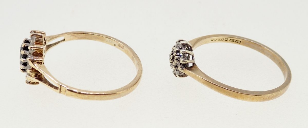 A 9 carat gold diamond cluster ring, size N, 1.6g and a 9 carat gold sapphire and white stone - Image 2 of 3