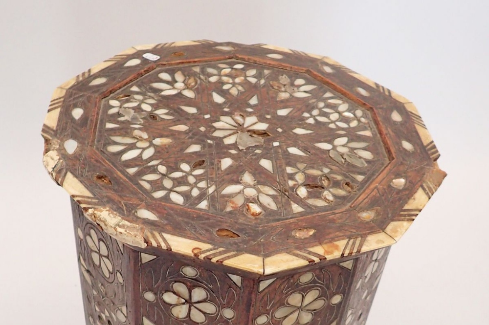 A Moroccan hardwood occasional table inlaid mother of pearl, 50cm tall, 32cm diameter - Image 4 of 5