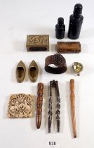 A small group of collectable treen, brass etc plus ball watch