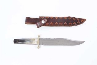 Hunting knife by Middleton, Sheffield, 8 ins bowie blade, horn scales, in leather sheath