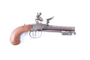 (S58) 40 bore English Flintlock pistol, 4 ins octagonal damascus barrel with folding roller-sprung