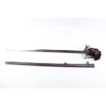 A Scottish basket hilt sword by Leckie & Co., 32 ins etched blade with vacant shield, the ricasso