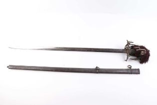 A Scottish basket hilt sword by Leckie & Co., 32 ins etched blade with vacant shield, the ricasso
