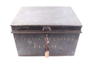 Early 19thC. japanned metal deed box with key, marked Captain Reynolds. Penair, 11½ x 14 x 18½ ins