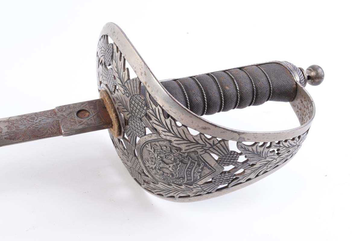 Reproduction Gordon Highlanders Field Officer's sword, 30 ins decorative blade, regimental hilt with - Image 2 of 6
