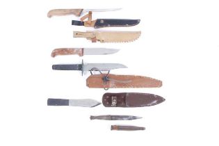 Five various knives: W. Wilkinson & Son, Sheffield 5½ ins bowie blade, William Rodgers throwing