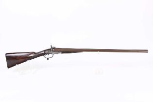 (S58) 12 bore English Pinfire Double Sporting Gun, 30 ins brown damascus barrels (London proof