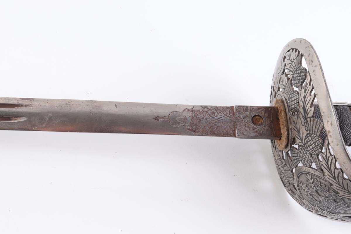 Reproduction Gordon Highlanders Field Officer's sword, 30 ins decorative blade, regimental hilt with - Image 3 of 6