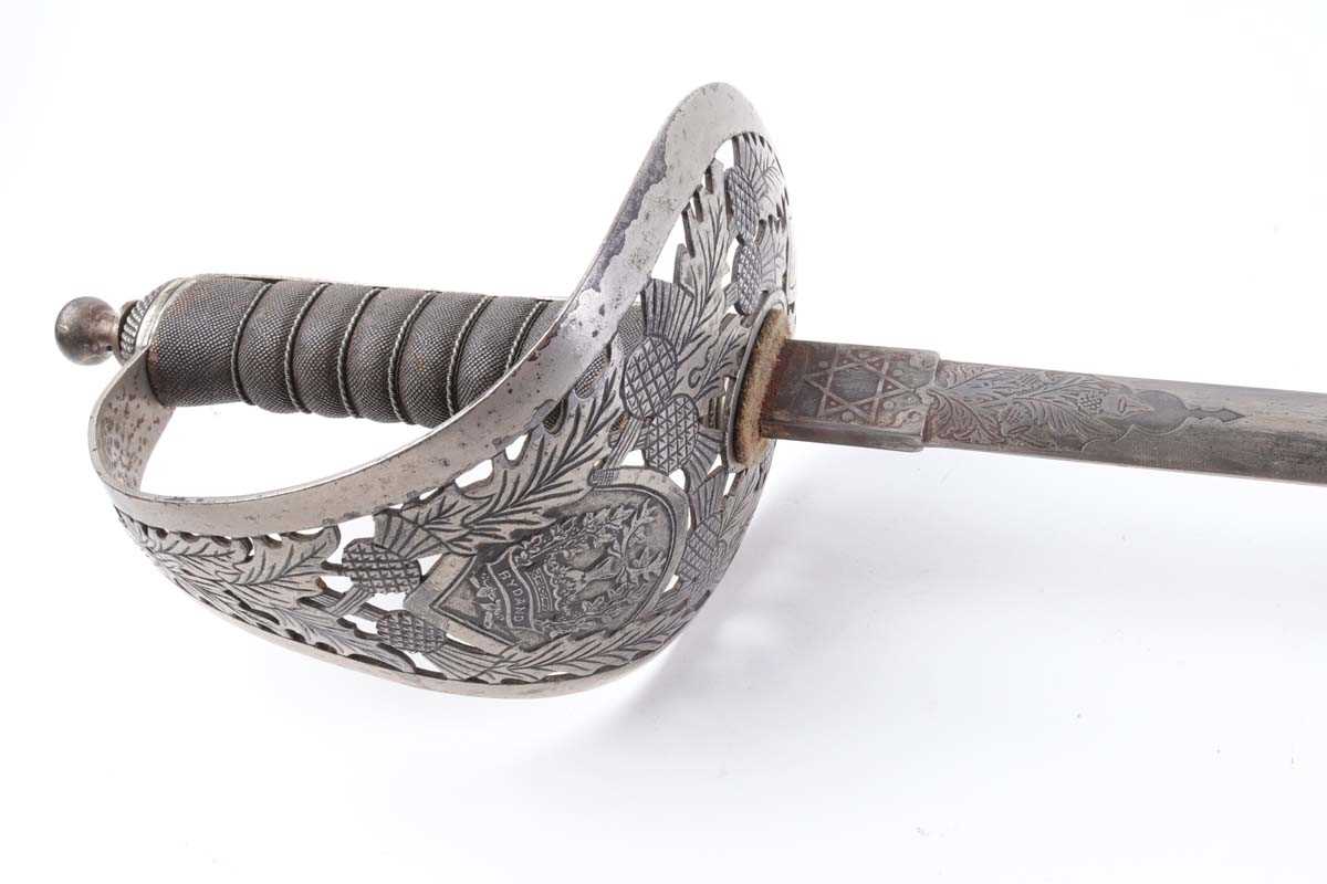 Reproduction Gordon Highlanders Field Officer's sword, 30 ins decorative blade, regimental hilt with - Image 4 of 6