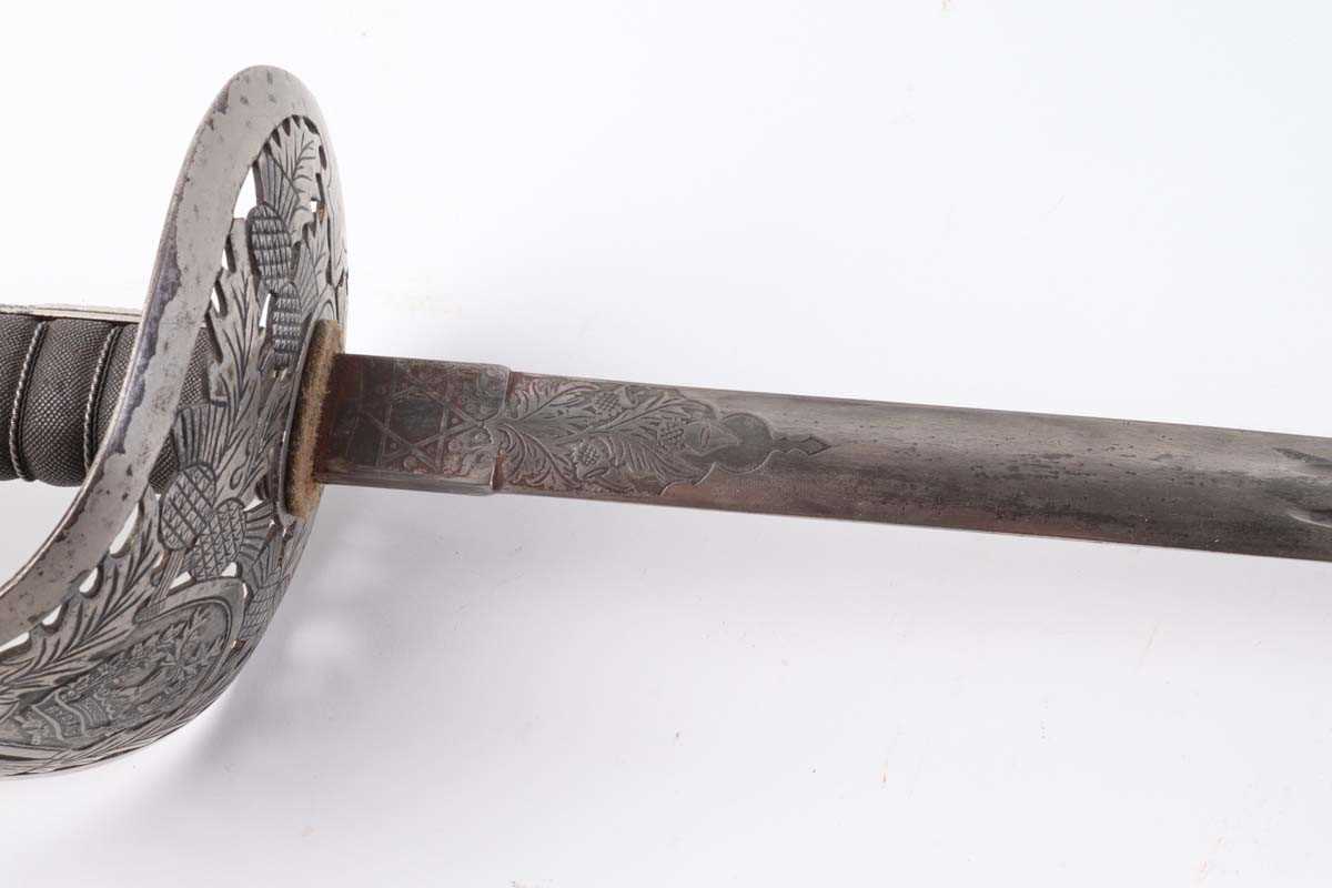 Reproduction Gordon Highlanders Field Officer's sword, 30 ins decorative blade, regimental hilt with - Image 5 of 6