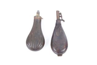Copper and brass powder flask stamped P. Frith Patent, together with a leather shot flask (2)