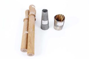 Three wooden punt gun cartridge rammers, a tin 32oz shot measure and a horn powder measure Rammers