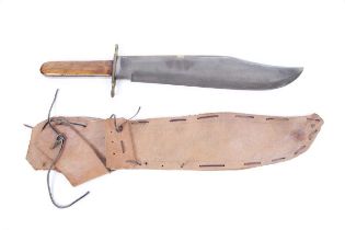 Alamo-type bowie knife, 14 ins brass-backed blade, brass guard, wood grips, in a leather sheath