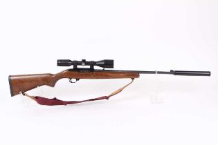 Ⓕ (S1) .22 Ruger 10/22 semi-automatic carbine, 19 ins screw cut barrel with moderator, open