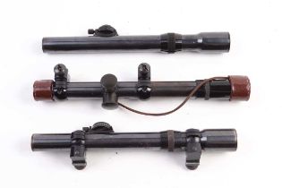 Three rifle scopes: 3x36 Pecar Berlin, with mounts and covers; 2½x Optikon (Hamburg); 2½x18 E.Kohler