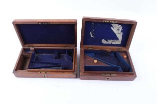 Pistol case with burr walnut finish, fitted interior measures 6¼ x 3½, x 1 ins, with key; together