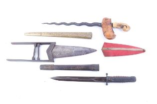 Ornate Kris knife, Chinese dress dagger, and a scissor Katar