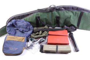 Box of shooting accessories inc. trigger locks, MCM .22 ammunition cases, Vanguard Porta-Aim rest,