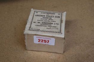 Ⓕ (S2) 25 x Greener Police Gun Mark III Special Bore No.4 shot cartridges, in original box dated 6th