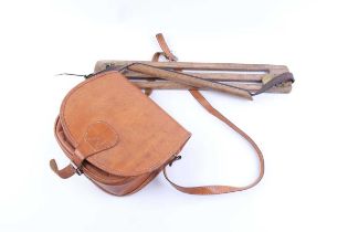 Tan leather cartridge bag, together with a hip flask, game carrier, pocket watch, and cork stopper
