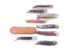 Seven various Laguiole folding knives, and a folding knife by Le Thiers in sheath (8)