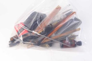 Bag of shooting equipment inc. shotgun cleaning rods, gun oil, scope rings, magazine holster,